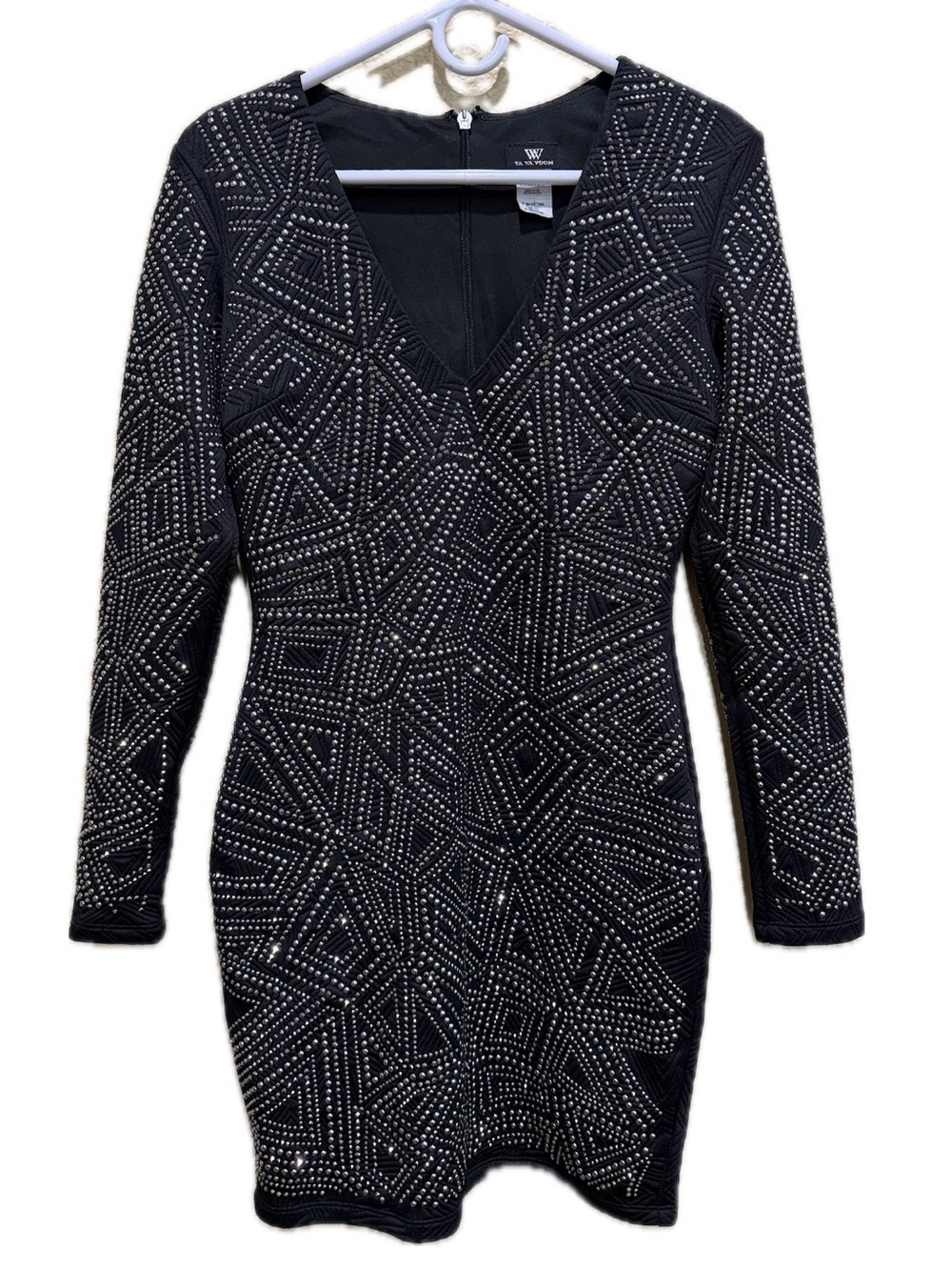 Va Va Voom Geometric Rhinestone Long Sleeve Bodycon Mini Dress S Black USA EUC